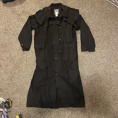 Walleroo Traders Black Long Duster Trench Coat Waxed Cotton Jacket Oilskin 2XL • $69.99