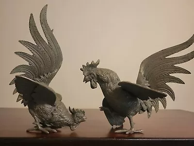 Vintage 2  Mid Century Fighting Roosters Brass Heavy Metal Figurines • $25