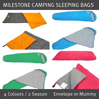 £15.99 • Buy Milestone Camping Sleeping Bags / 2 Season / Envelope & Mummy Style / 4 Colours