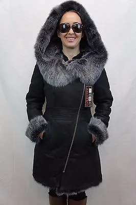 Black 100% Toscana Sheepskin Shearling Leather Lambskin Coat Jacket Hood XS-7XL • $375.20