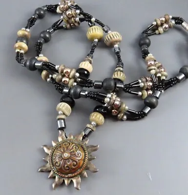 MARY DEMARCO Gorgeous BEADED NECKLACE Black Silver CARVED BEADS Sunburst Pendant • $18.40