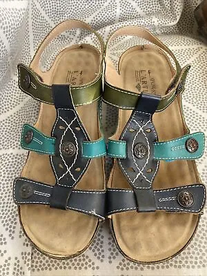 L'Artiste Spring Step Sandals Sz 40 US 9 Navy Leather 2” Wedge Comfort MELISSA • $32.95