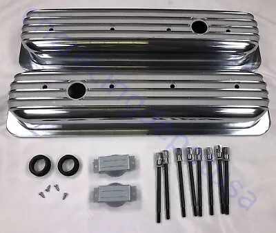 Chevy Finned Polished Aluminum Center Bolt Short Valve Covers SBC 350 5.7 5.0 V8 • $93.99