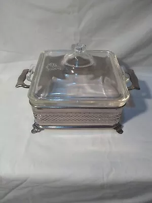 Vintage Pyrex Square Glass Dish 7 X 7 With Silverplate Metal Carrier 653-C • $25