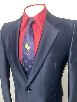 Vtg 50s 60s Suit Polyester Mens 40 Jacket 34 30 Pants Shiny Navy Disco Rat Pack • $119.99