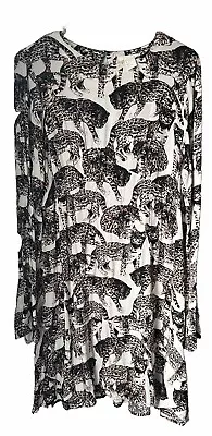 H&M Cream Multi Dress Retro Bengal Cat Print Round Neck Mini A-Line Size 8 • $24