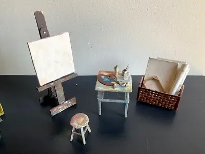 Artist Made OOAK Miniature Painting Easel Table Stool Paints & Canvases • $95