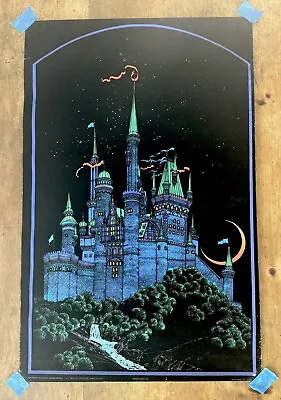 Vintage 70s Blacklight Poster Moon Castle Western Graphics USA Velvet 33x21 • $120