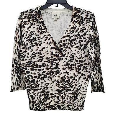 ECI New York Women's White Leopard Print Knit 3/4 Sleeve Button Up Cardigan Sz M • $24.99