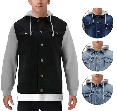 Men's Two Tone Jean And Grey Jersey With Removable Hood Denim Trucker Jacket • $29.93