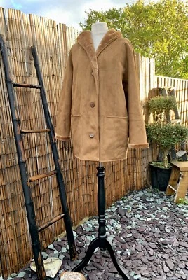 £34.95 • Buy Tan Faux Suede Leather Fur Lined Shearling Teddy Hooded Coat Jacket UK 18 46 XL