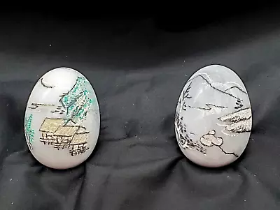 Pair Of Solid Marble Eggs Etched  Painted Asian Designs Vintage 3” Easter Spring • $14.76