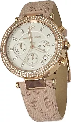 Michael Kors Parker Womens Chronograph Watch White Dial Rose Gold Pink PVC Band • $79.99