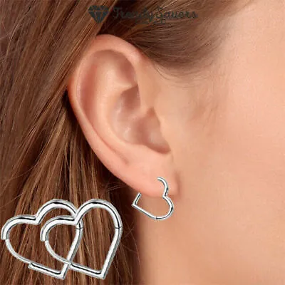 Small Sparkly 925 Sterling Silver 14mm Wide Love Heart Hoop Earrings For Women • £3.99