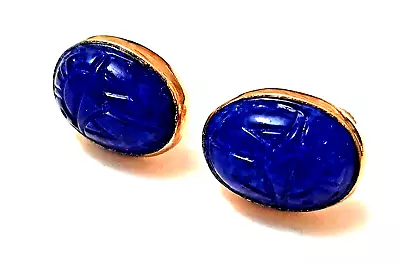 Vintage Gold Filled Blue Scarab Earrings • $12