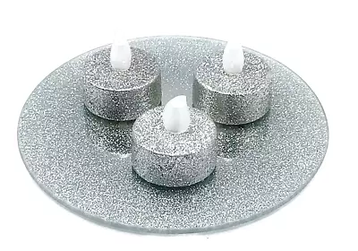 Round Silver Glitter Mirror Candle Plate Centrepiece  Christmas Wedding Decor • £9.99