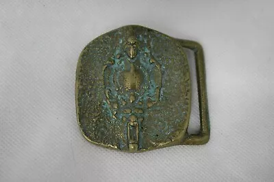 Vintage Solid Brass Belt Buckle Abstract Artist Green Patina Accents Hippie • $54