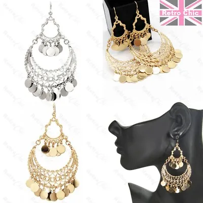 SILVER/GOLD PLATED BIG 9cm Long CHANDELIER Gypsy Discs EARRINGS Retro Filigree • £4.44