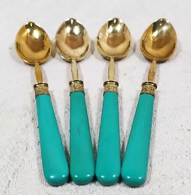 Antique A Sauzedde Made In France 6” Brass Spoons With Green Handles – Set Of 4 • $19.95