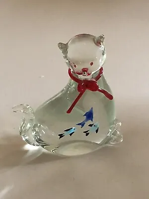 Murano Style Hand Blown Art Glass Clear Cat Blue Fish Inside Red Applied Bow 6” • $28