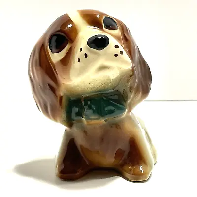 Vintage Small Ceramic Dog Planter Brown Floppy Ears Green Collar Hand Painted • $10.36