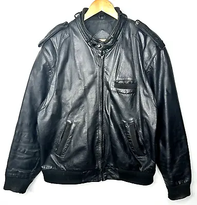 Vintage Mens Leather Bomber Jacket Lined Aviator Flight Moto Coat Black X-Large • $64.99