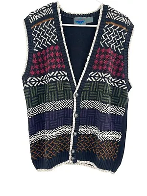 Vintage Etchings Cardigan Grandpa Sweater Vest Mens M Geometric Cotton Button • $23.87