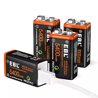 1-8PCS EBL USB Direct Rechargeable 9V Battery 5400mWh  9 Volt Batteries 6F22 • £24.99