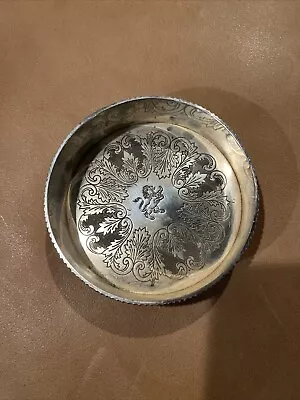 Vintage Round Silver Plated Box / Dish Carved Flowers W/ Lion Mark 4.75 D Japan • $12
