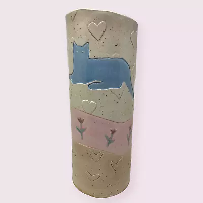 $53.58 • Buy Vintage 80's Artisan Pottery Cat Vase Decor Hand Painted Glazed Pastel Country