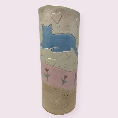 Vintage 80's Artisan Pottery Cat Vase Decor Hand Painted Glazed Pastel Country • $53.58