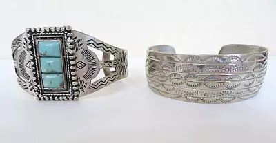 2 Vintage Fred Harvey Era Turquoise Stamped Silver Plate Cuff Bracelets • $15.50