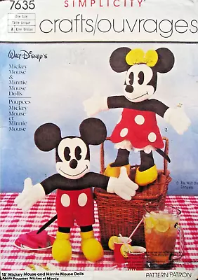 Vintage Simplicity Pattern  7635 Mickey Minnie Mouse 18  Dolls Disney 1986 Uncut • $10.95