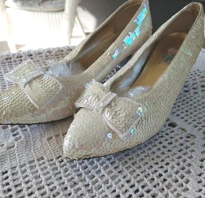 RARE! Vintage Edwardian Victorian Style Cream Sequin Wedding  Bridal Shoes 9 1/2 • $89