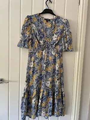 QED London Lemon & Blue Frilled Summer Dress Size 8 • £6