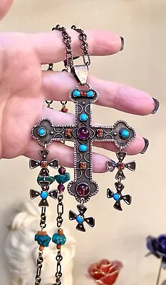 Antique/Vintage Sterling Silver Turquoise Coral Ornate Maltese Cross Necklace • $218