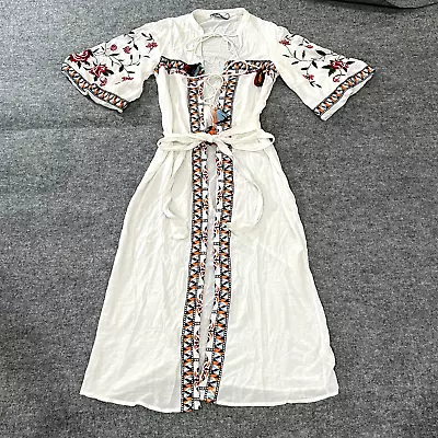 ZARA Trf  Kimono Robe Dress Extra Small WHITE BOHO FLORAL MAXI EMBROIDERED TUNIC • $48.48