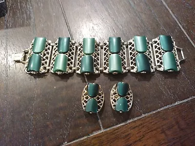 Vintage Costume Wide Bracelet & Clip Earrings Set Green F5 • $14.99