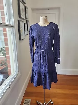 J. Crew Size 10 ( US 6 ) Navy Blue Broiderie Anglais Long Sleeve Shift Dress • $55