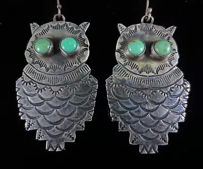 Vintage Navajo Earrings - Coin Silver And Turquoise - Owls • $189