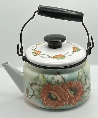 VINTAGE Enamelware Tea Kettle Pot White Orange Poppy Flowers • $15.90