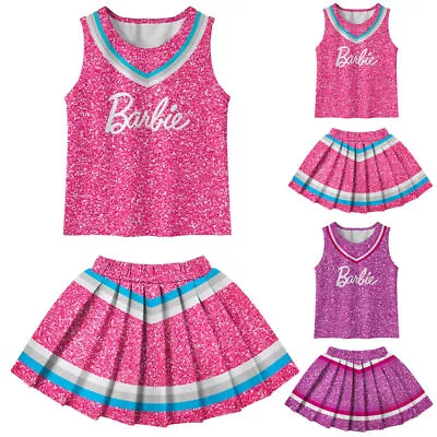 Kids Girls Cheerleader Costume Barbie Tops Pleated Skirt Uniform Outfit Set Gift • £18.89