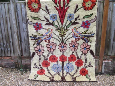£600 • Buy Vintage 1970s UNIQUE WOVEN WOOL KILIM RUG Long Pile 220x150cm Lotus Tulip Birds