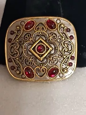 Vintage Ornate Michal Golan Signed Square Gold Plated Brooch/Pin/Pendant Garnet  • $34.99