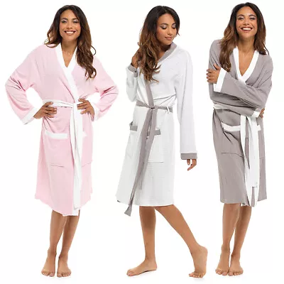 Ladies 100% Cotton Waffle Contrast Spa Robe Lightweight Summer Dressing Gown • £21.49