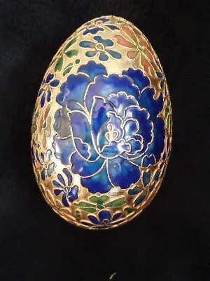 Vintage  Cloisonne Blue Lotus Flower Floral Enamelled Decorative Golden Egg 4.5  • $8.75