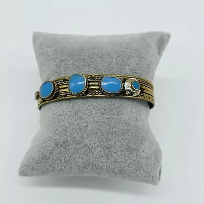 Vintage Open Cuff Bracelet Gold Tone Blue Enamel Oval Textured Jewelry 7  • $11.95