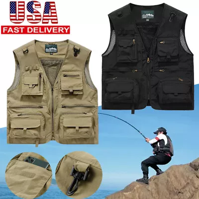 Mens Fishing Vest Hiking Tactical Photographer Waistcoat Mesh Quick Dry Jacket • $22.99