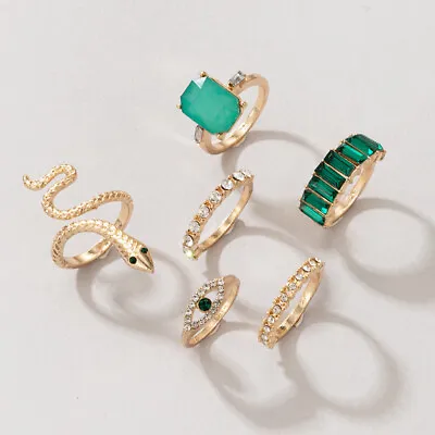 6 Pcs Gold Boho Stack Plain Above Knuckle Ring Snake Green Finger Tip Rings Set • £4.99