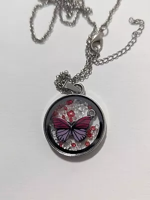 Butterfly Charm Floating Locket Necklace Pink & Crystal  Beveled Glass *HANDMADE • $7.99